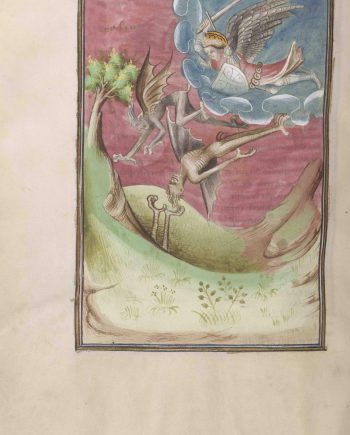 Folio 37 verso del manuscrito del Apocalipsis de Berry mostrando el arcángel San Miguel combatiendo a los demonios