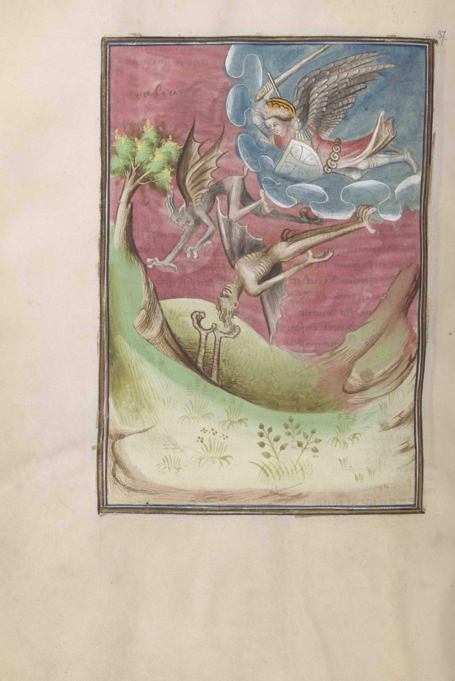 Folio 37 verso del manuscrito del Apocalipsis de Berry mostrando el arcángel San Miguel combatiendo a los demonios