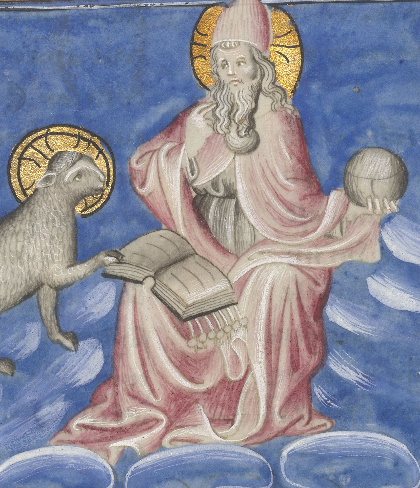 Detalle del folio 9 verso del manuscrito del Apocalipsis de Berry mostrando Jesucristo con el cordero abriendo el libro de los siete sellos