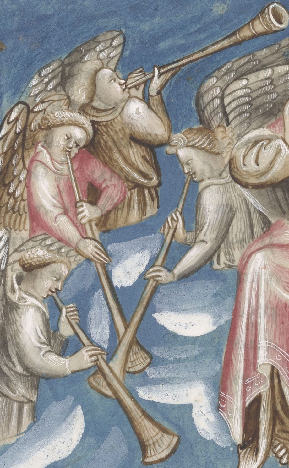 Detalle del folio 18 verso del manuscrito del Apocalipsis de Berry mostrando ángeles con trompetas
