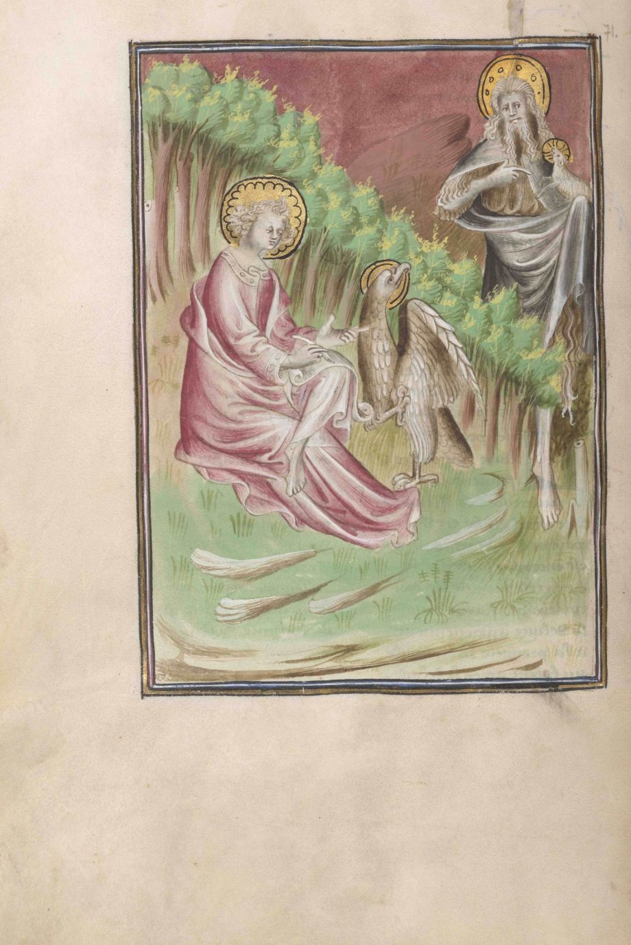 Folio 71 verso del manuscrito del Apocalipsis de Berry mostrando Juan el Bautista y el evangelista Juan